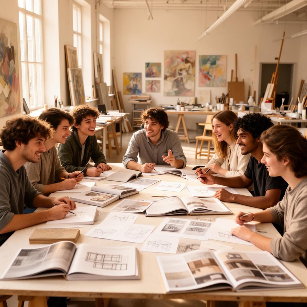 A diverse group of students working and collaborating together in a creative workshop studio